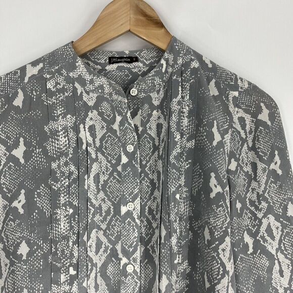 J McLaughlin Top Size Small Womens Gray Snake Print Silk Blouse Shirt Button Up - Picture 2 of 7